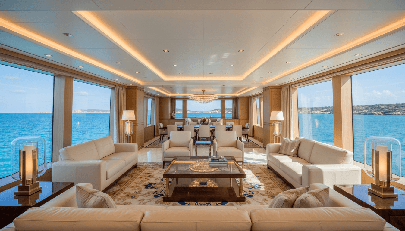 Interior of a luxury yacht with panoramic windows and elegant lighting