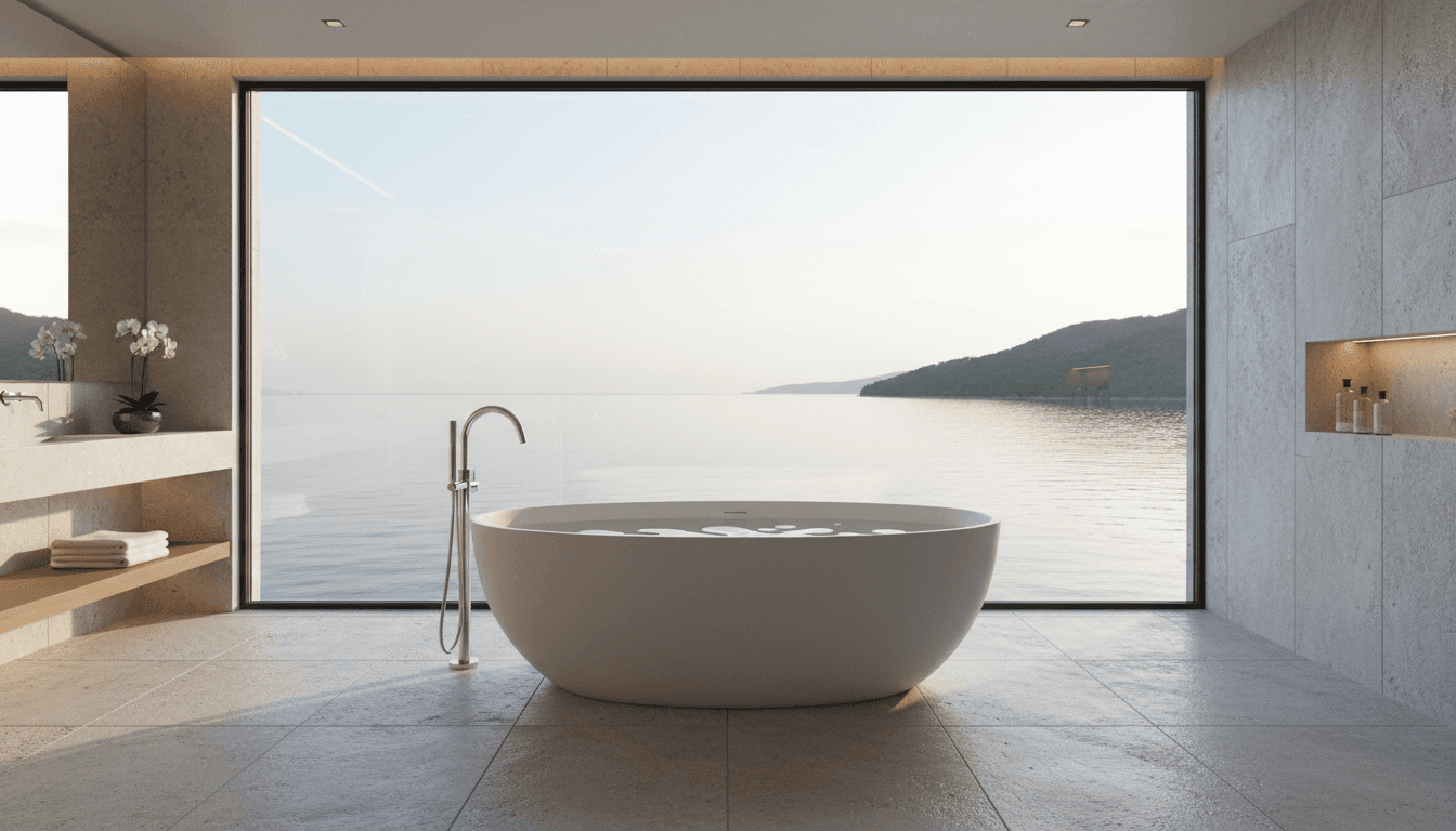 Luxury yacht bathroom with freestanding bathtub and ocean view window