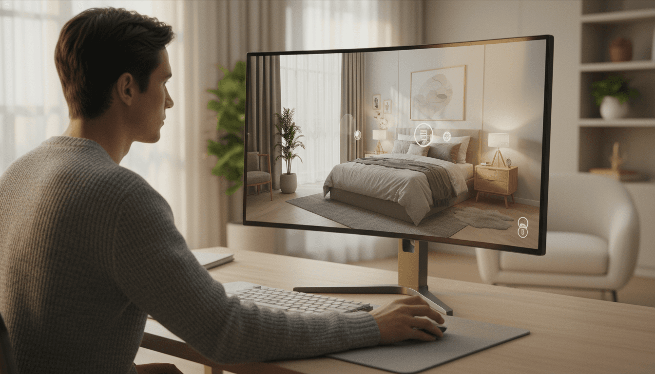 Laptop showing an interactive 3D floor plan on screen