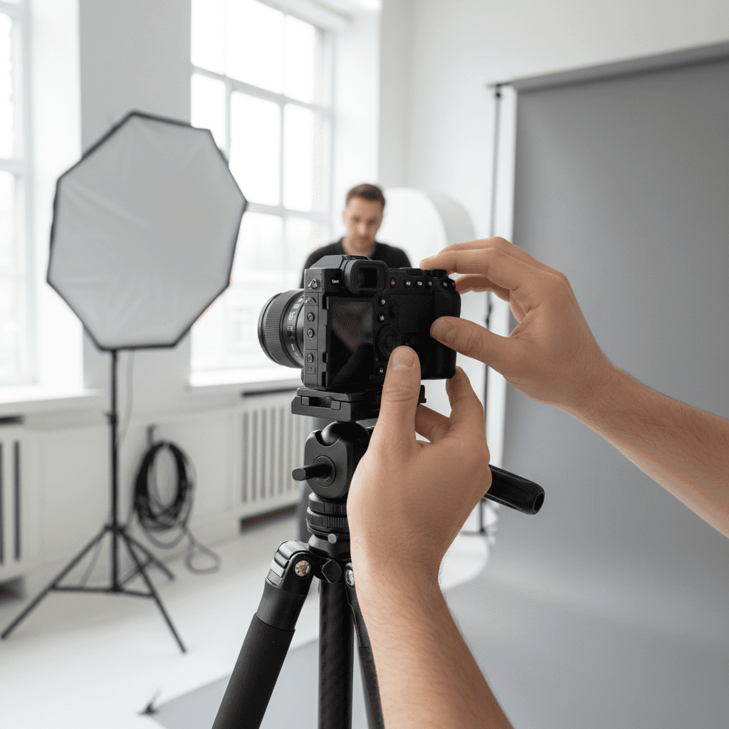 Professional camera on tripod in a sunlit interior