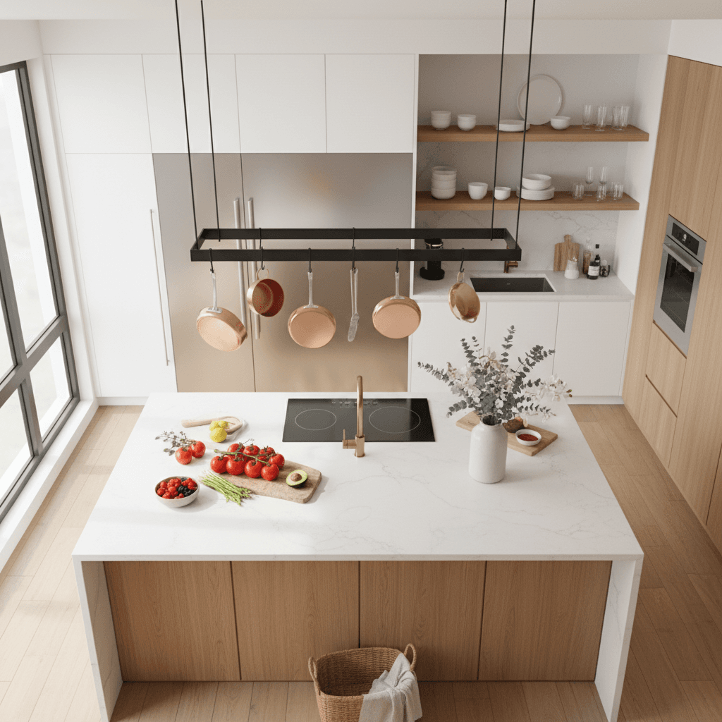 Professional yacht galley kitchen with marble countertops and modern appliances