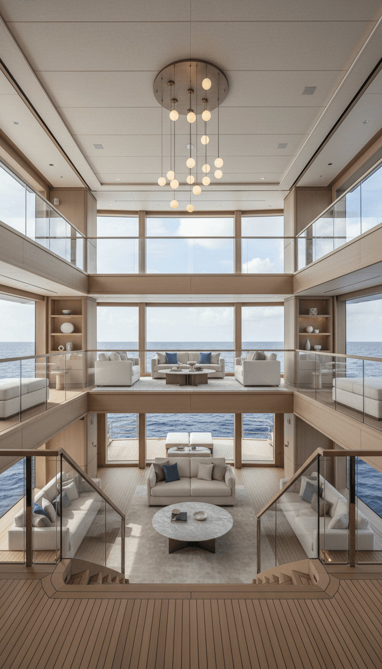 Soaring catamaran interior atrium with floor-to-ceiling ocean-view windows and premium finishes spanning multiple decks