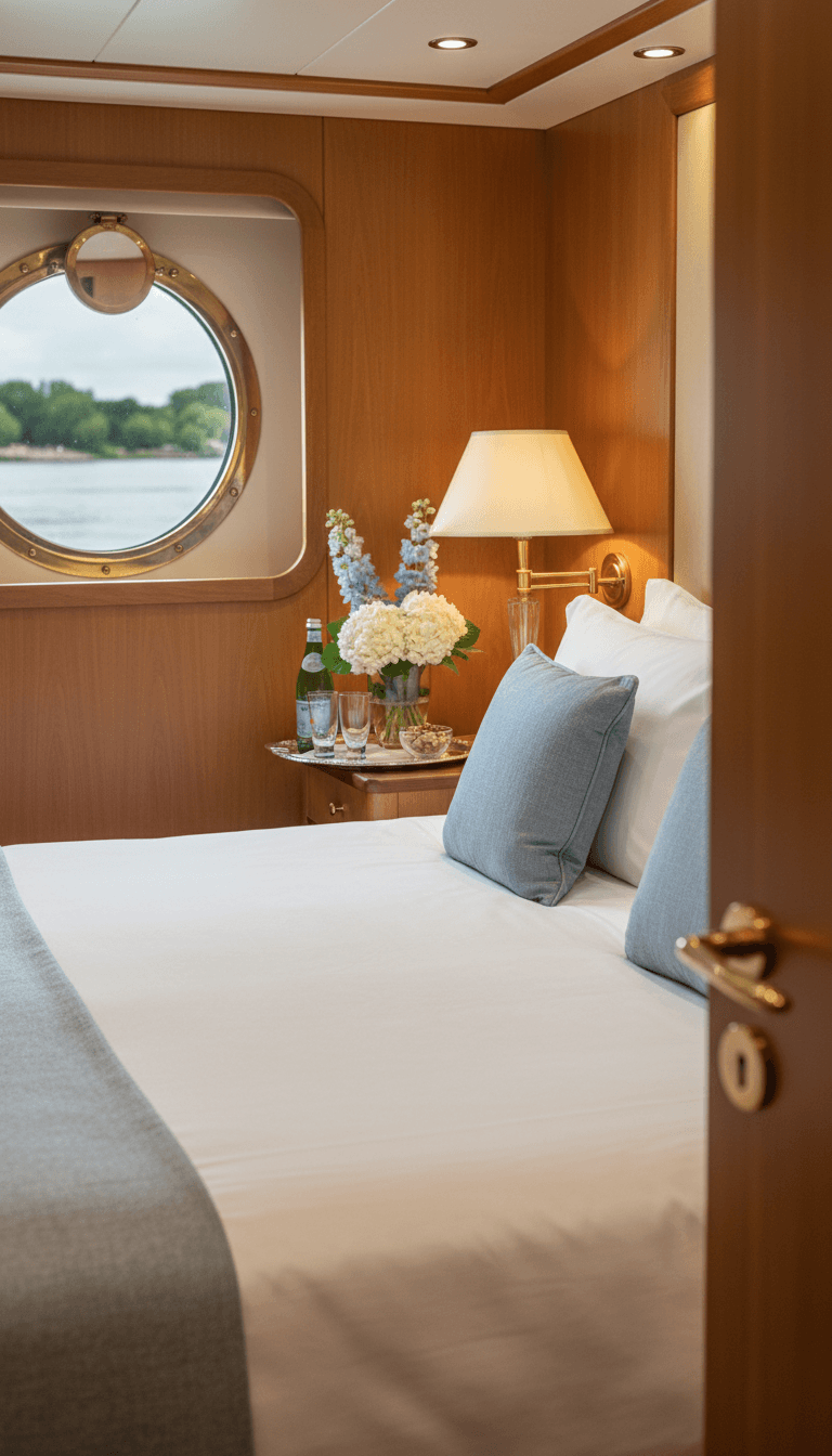 Elegant yacht cabin with king sized bed and designer furnishings
