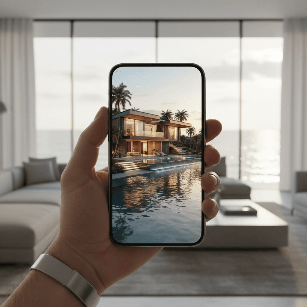 Hand holding smartphone displaying a 3D virtual tour of a luxury yacht interior