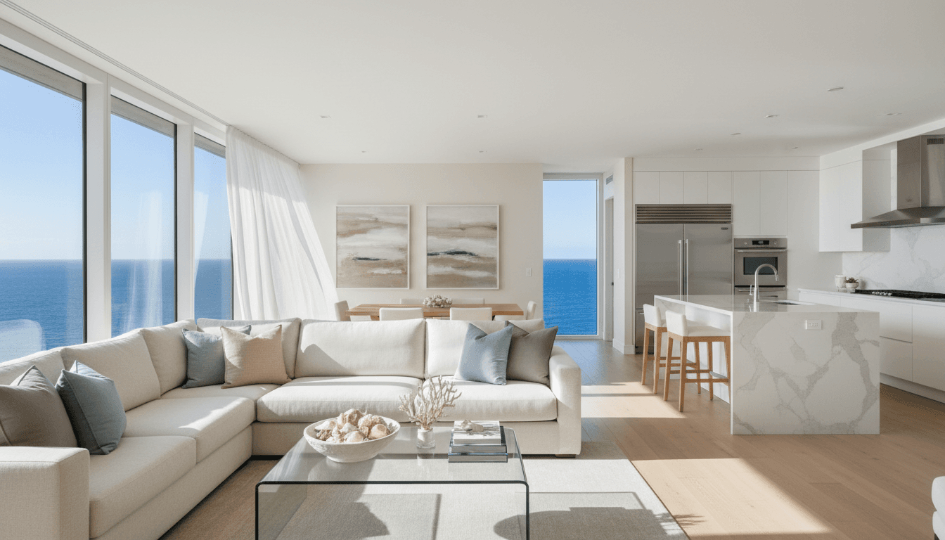 Luxury villa living room with modern furniture and ocean view
