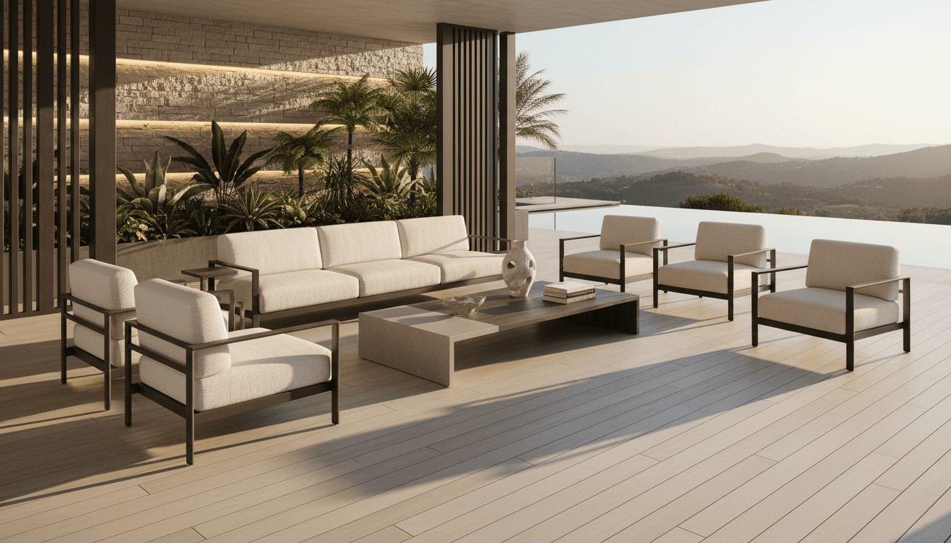 Yacht deck with outdoor lounge seating and dining area