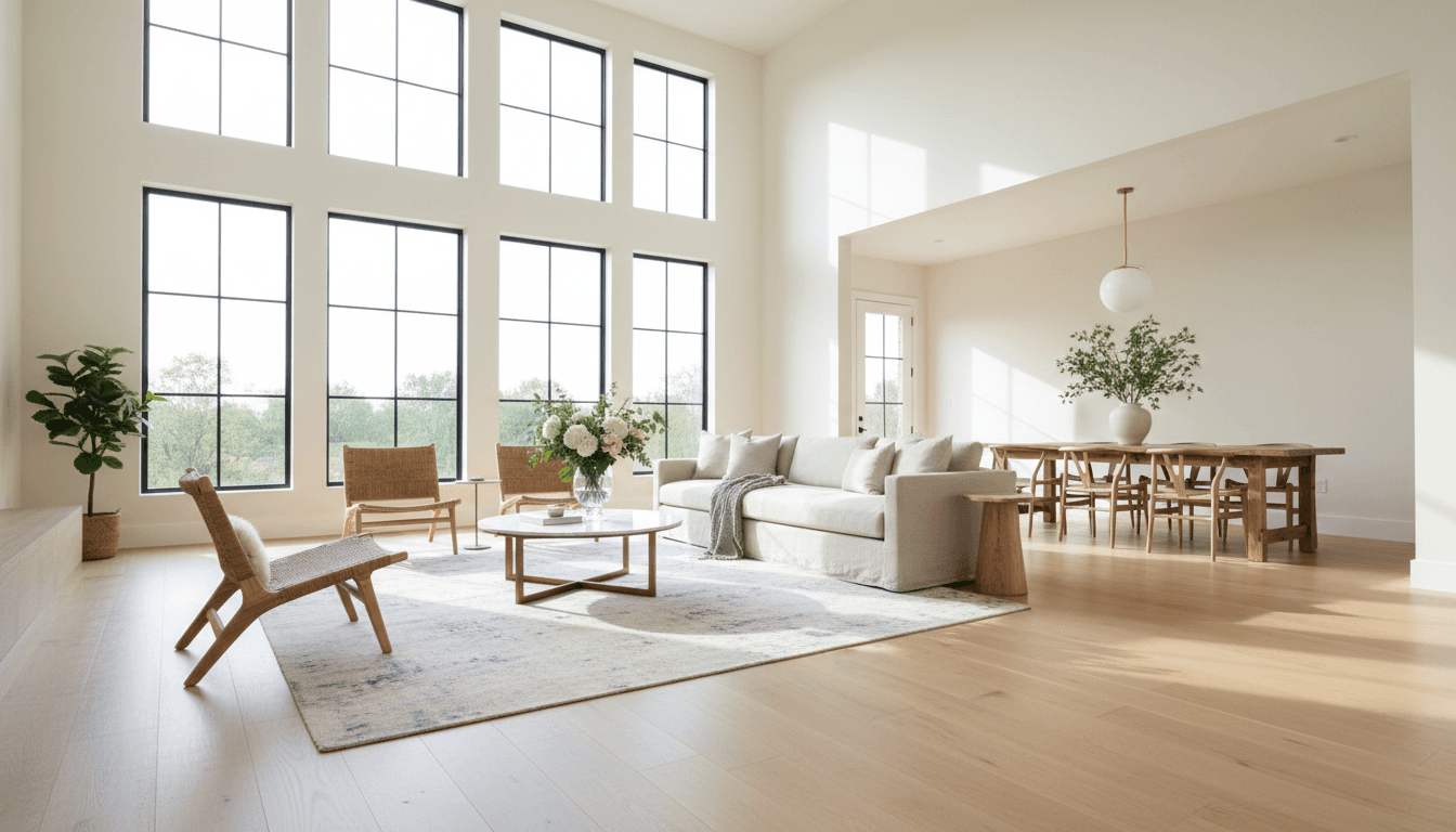 Bright modern living room with high ceilings and natural light