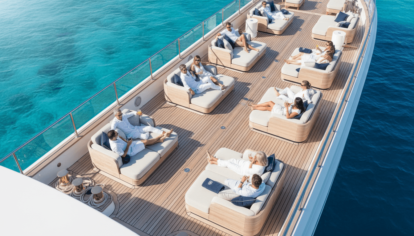 Luxury yacht interior with elegant seating and panoramic windows