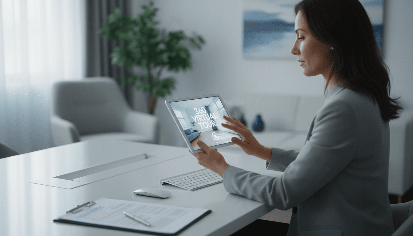 Person using a tablet to view a virtual tour in a modern office