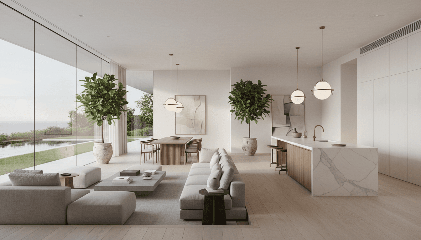 Minimalist villa dining room with art and garden view