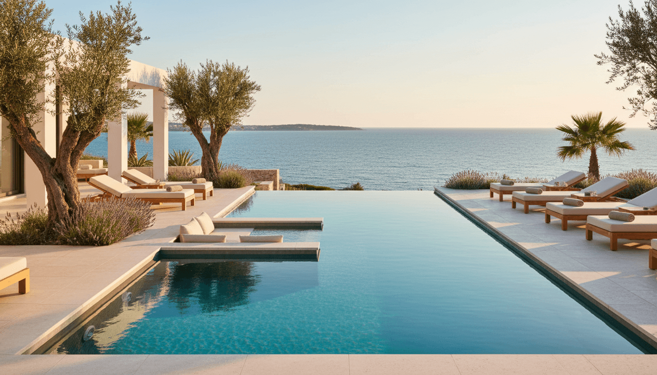 Modern luxury villa exterior with infinity pool overlooking the sea