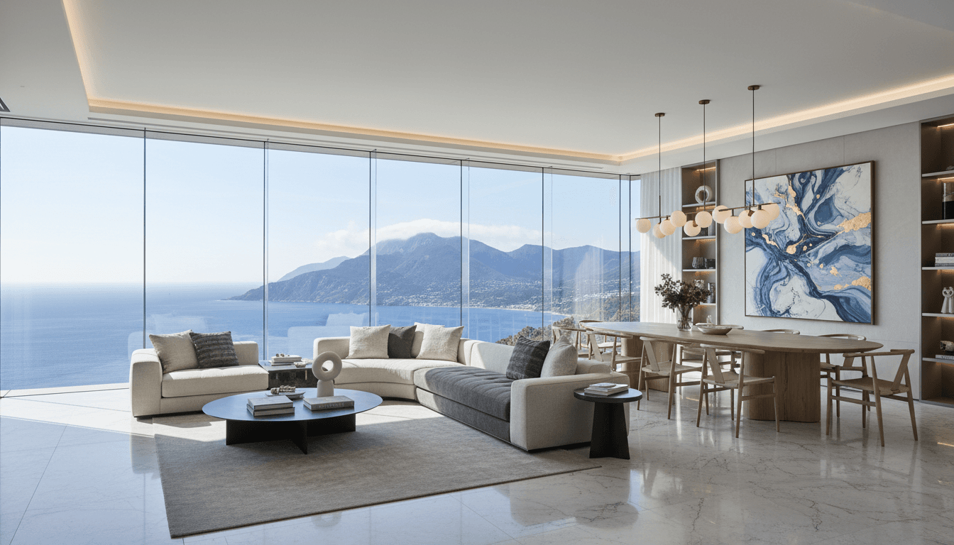Luxury yacht interior with elegant salon and panoramic windows