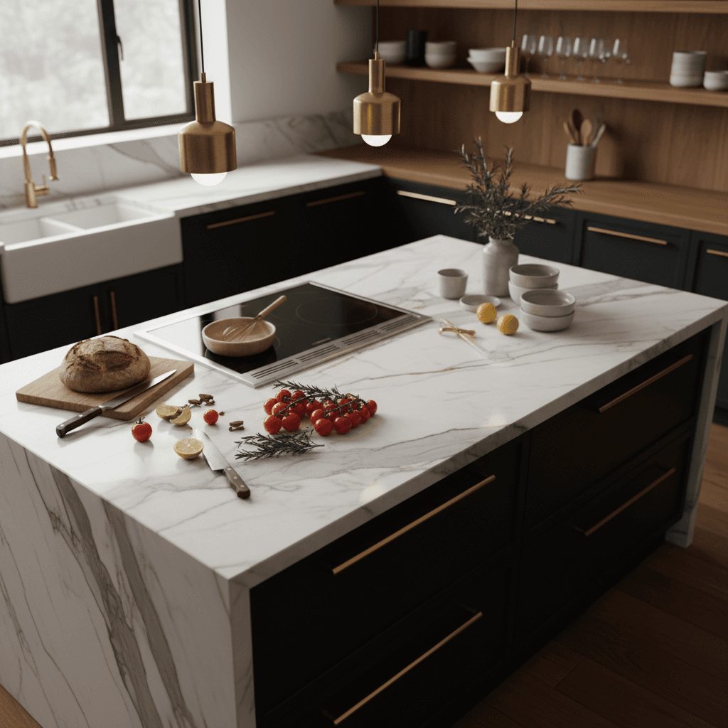 Modern villa kitchen with marble island