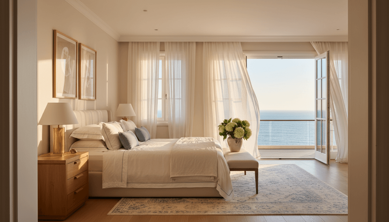 Elegant villa master bedroom with neutral tones